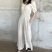 누니 여성 스퀘어넥 린넨 스모크 밴딩 프릴 점프수트