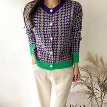 네모 여성용 체크별 니트 가디건