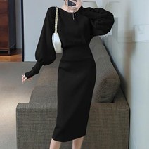 가오리핏 디자인 볼륨감 있는 니트 롱원피스 블랙