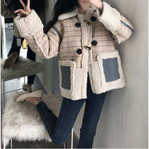 여성 체크 양털 뽀글이 하프 더플코트