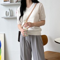 여자 여름 멜란지 브이넥 반팔 니트티 30대 청바지코디 슬랙스상의 반팔티