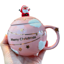 homgren 크리스마스 머그컵 + 뚜껑 밴드 + 스푼 귀여운 가정용 커피컵 대용량 도자기 물컵, 핑크 크리스마스컵