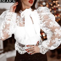 우아한 긴 탑 여성 화이트 블라우스 메쉬 보우 퍼프 슬리브 패션 숙녀 탑 빈티지 여성