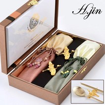 [라몽] H.jin 비단 쌍학 티타늄수저세트 골드 (전통 선물 포장) 국산 부부 2인용 숟가락 젓가락 24K 금도금 수저받침, 1세트, 수저 2인 + 받침 2인 + 주머니 2인 + 케이스