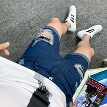 여름 남성 반바지 패션 캐 주 얼 스키 니 진 찢 어 진 트 렌 드 반바지 청소년 길거리 힙 합 트 렌 드 개성 패션 블랙 네 이 비 블 루 캐 주 얼 반바지