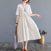 자가드 심플 린넨 원피스 시원한 여성 반팔원피스 링넨원피스 시원한 여름원피스 우아한, 레드 XL