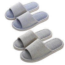 캘리웨이브 쏘메이 스트라이프 린넨 거실 실내화 2개 세트 푹신한 발편한 여성 남성 커플 거실화 실내화 실내 슬리퍼, 블루250+네이비275
