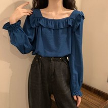 SJW 봄가을 프릴 블라우스 무지 스퀘어넥 셔링 셔츠 남방 풀오버 여성상의 빅사이즈