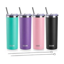 koodee 빨대 달린 591 5ml(20온스) 스키니 텀블러 스테인리스 스틸 이중벽 단열 슬림 여성 남성용 DIY 생일 선물 (퍼플) 미국직송, 4 Count (Pack of 1), 틸-퍼플-핑크-블랙