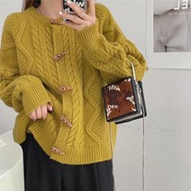 이유무무 NQ-072 여성 뿔단추 라운드넥 꽈배기 니트 가디건