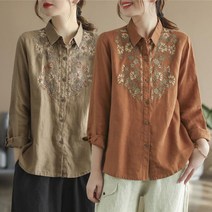 besteffie 중년 여성 가을 봄 셔츠 플라워 자수 레트로 긴팔 린넨 루즈핏 데일리 엄마 할머니 남방 B88