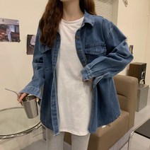 빈티지데님셔츠 클래식 홍콩무드 이니셜 스티커 표시 여성 카라넥 하프기장 와이셔츠 4965355426