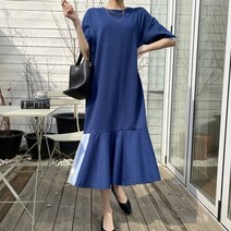 여성 배색 밑단 프릴 A라인 박시핏 롱 원피스