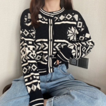 베러댓걸 여성용 봄 가을 긴소매 눈꽃 패턴 단추 니트 가디건