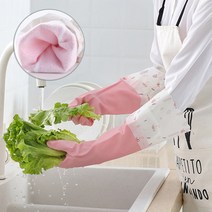 예쁜 주방 청소용 두꺼운 기모 고무장갑 위생용품, 그린