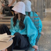 퐁순싸롱 블루 코튼 면 오버핏 퍼프 셔츠 블라우스 SY
