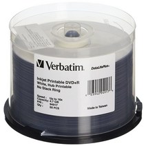 Verbatim DVD+R 4.7GB 16X DataLifePlus 화이트 잉크젯 인쇄 가능 허브 - 50pk 스핀들 94917, Inkjet Printable