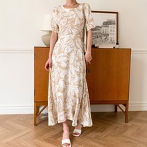 네쥬 여성 고급 플레어 플라워 뒷트임 반팔 롱 원피스