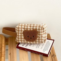 파우치 휴대 여행 소형 대형 화장품 메이크업 케이스 귀여운 곰 카키색 가방 대용량 용 가방 지퍼 순수 코튼 격자 무늬 브러쉬 여성용 소녀 122