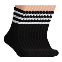 삭스팩토리 남성 여성 삼선 스포츠 쿠션 장목 크루 양말 10켤레, 블랙