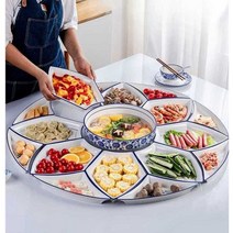 월남쌈 나눔 접시 도자기사각접시 멜라민그릇 고기 손님상 중식당멜라민그릇, F 연꽃 80cm 파란색흰색 부채꼴10 SET
