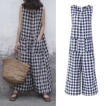 여름 여성 체크 민소매 점프수트 롬퍼