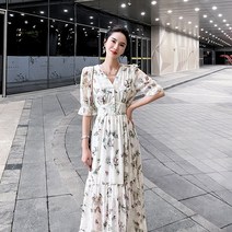 쉬폰 허리 스트링 롱원피스 원피스 봄 브이넥 반팔 기질 프렌치 빈티지 플라워 티샷