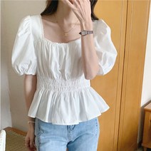 스퀘어넥 퍼프숄더 허리밴딩 셔링 반팔블라우스