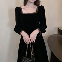 Mayfox빅사이즈 햅번스퀘어넥 금벨벳 원피스 여성 가을 겨울 빈티지 롱스커트w