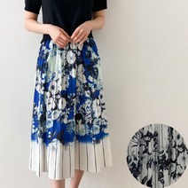 [프롬제니] 명품 스타일 셀디 플라워 프린트 A라인 밴딩 스커트 플리츠 미디 롱 주름 여름 치마 30대 40대 화려한 밴드 플레어 꽃무늬 실크 에이라인 새틴 꽃치마