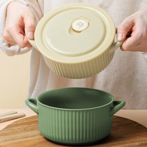 전자렌지용 뚜껑 라면기 시리얼 세라믹 도자기 그릇, (편수올리브)