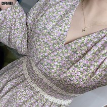 DFMEI 플라워 원피스 여 봄 가을 프렌치 브이넥 조거 날씬해 보이는 기질 여신 미디스커트