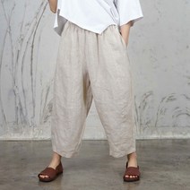 여성 린넨 사다리절개 밴딩 통 배기바지