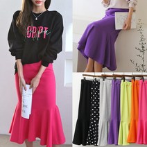 [프롬제니] 7Color 2Size 빅사이즈 가능 크립트 머메이드 스커트 밴딩 치마 미디 인어라인 형광색 H라인 플레어 도트 예쁜 면 프릴 세트 투피스 롱