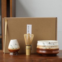 다기세트 다도세트 찻잔4in 1 일본 말차 세트 세라믹과 대나무 차 그릇 스푼 거품기와 홀더 용품, 03 landscape painting