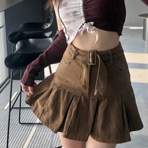 여성 데님 스커트 봄 미국 복고풍 여성용 여름 칼집 하이 웨이스트 브라운 커피 컬러 핫 걸 A 워드 플리츠 숏 패션