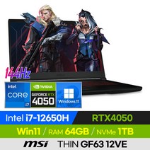 [사은품 증정!] MSI THIN GF63 12VE i7 가성비 고사양 배그 롤 오버워치 로아 발로란트 12세대 15인치 게이밍 노트북 (코어i7-12650H/RTX4050), 블랙, 코어i7, 1TB, 64GB, 윈도우 포함