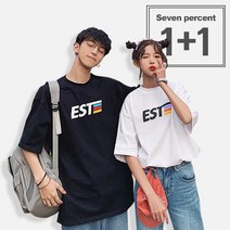 세븐퍼센트 1+1 남여공용 커플룩 EST 오버핏 커플 반팔 티셔츠