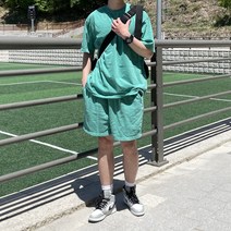 남녀공용 피그먼트 오버핏 셋업 세트 반팔티셔츠 반바지 커플 캠핑 트레이닝 그레이 차콜