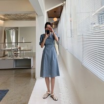 기타 바보사랑[겟잇미]겟잇미 리라 체크 스퀘어넥 기본 스트랩 롱원피스