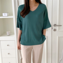 플랩 플랩 브이넥 나팔 소매 니트