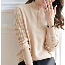 가을 여성 반폴라 레이스넥 스판 니트티