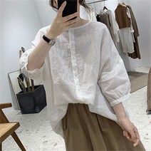 여성 면 마 블라우스 루즈핏 셔츠 9부소매 티셔츠 빅사이즈C22082369