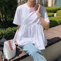 베이비 돌 블라우스 면 반팔 라운드 넥 풀오버 A라인 루즈 핏 롱 티셔츠 원피스