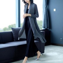이세이 플리츠 주름 케이프 칼라 날씬한 미디 롱가디건