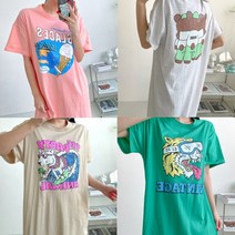 반팔원피스 여름 홈웨어 면 롱원피스 빅사이즈 롱티셔츠 캐쥬얼 데일리 캐릭터 레터링 루즈핏 휴양지 잠옷 등하원 큰옷 실내 임산부 베어 글라스 빈티지 호랑이 크레인 크로스 더파티