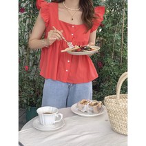 어깨프릴 민소매 블라우스 나시 스퀘어넥 단추 blouse 나들이 여신 데일리 바캉스룩 비치웨어 핑크문 PINK MOON