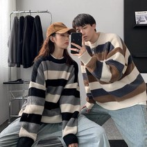 캐주얼 스트라이프 루즈한 라운드 넥 긴팔 스웨터