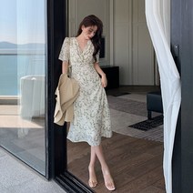 예쁜 원피스 여성 여름 롱 치마 순수 이쁨주의 꽃무늬 스커트 A라인 V넥 빅사이즈 군살커버