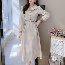 티티웍스 여성스러운 봄 여름 레이어드 바스락 카라 벨티드 A라인 긴팔 체크 무늬 원피스 여성 원피스 여자 원피스 미디원피스 롱원피스 플레어원피스 하객룩 오피스룩 모임룩